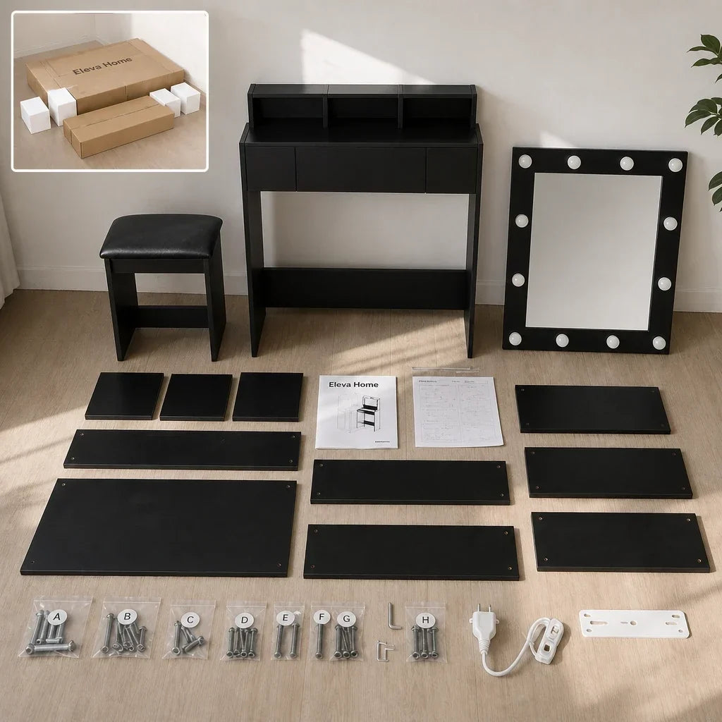 Dressing Table with Hollywood Mirror - Matt Black, 79cm