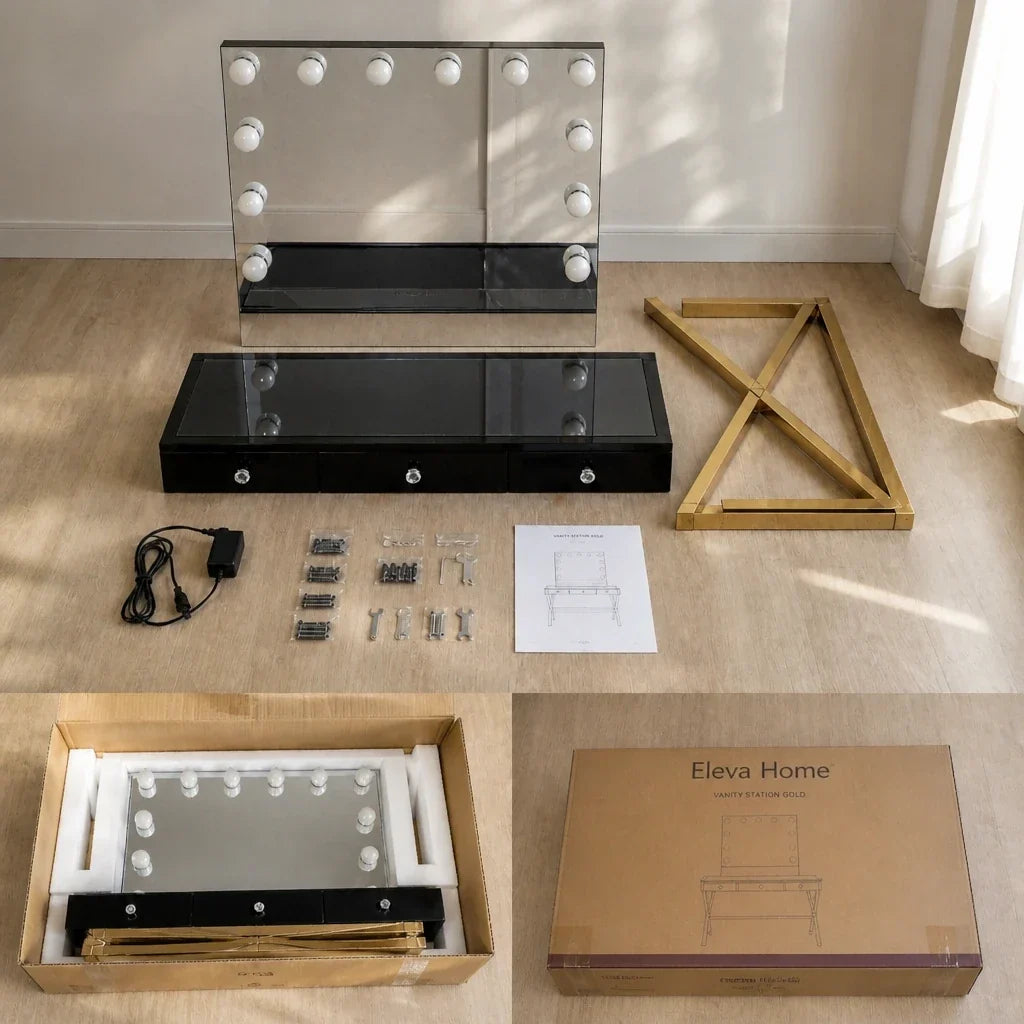Dressing Table with Mirror - Black Glass Top, Gold Legs