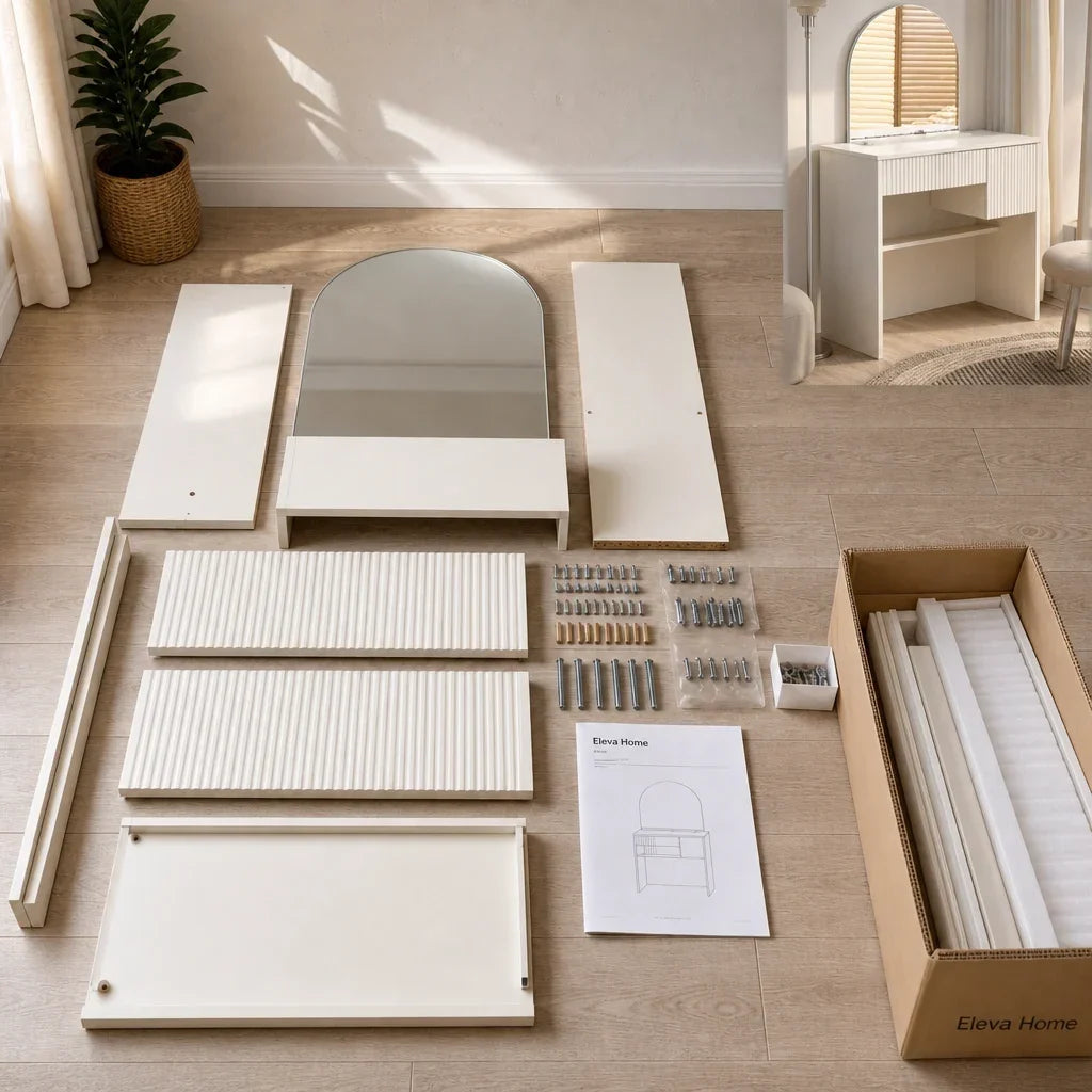 Small Dressing Table with Mirror - Cream White, 90cm