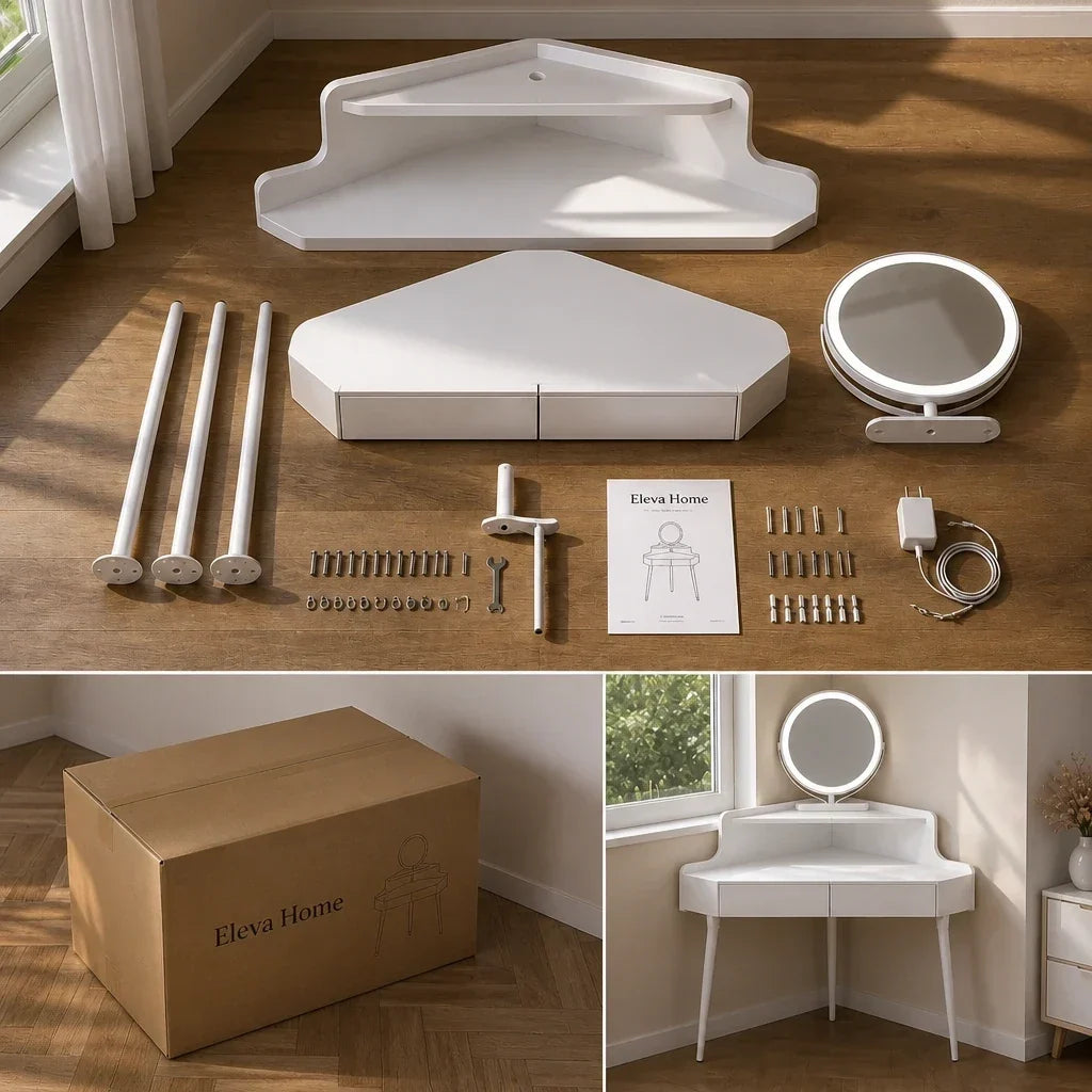 Corner Dressing Table with Mirror - White, 100cm