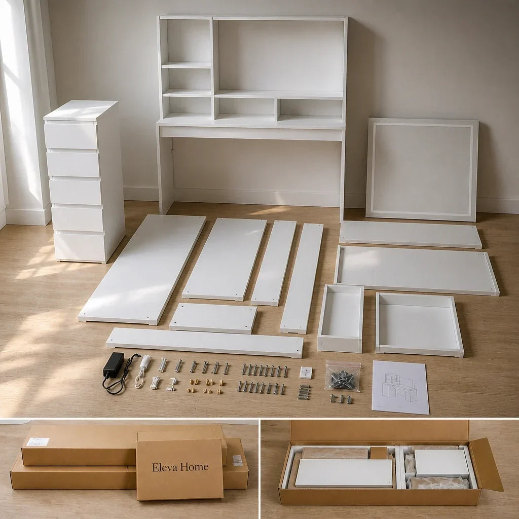 Corner Dressing Table with Mirror and Drawers - White