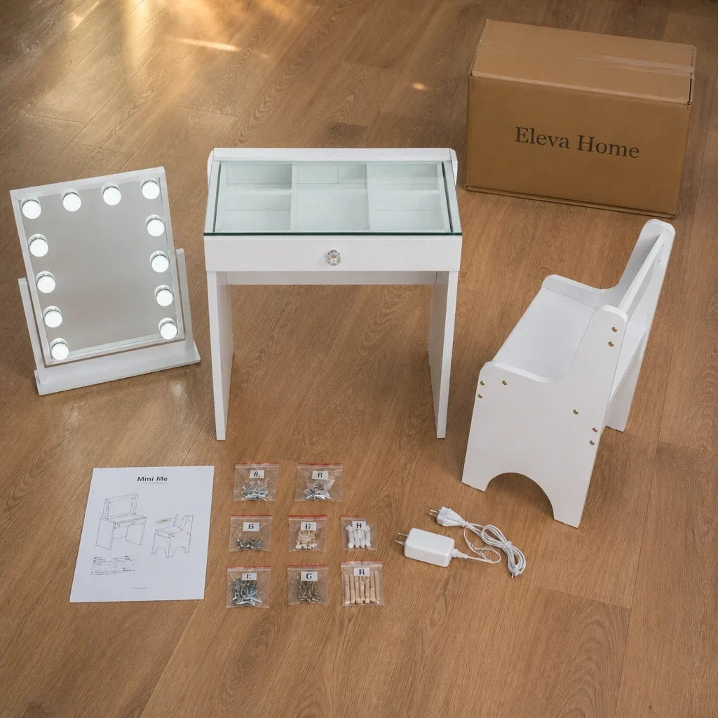 Childrens Dressing Table with Mirror - Glass Top