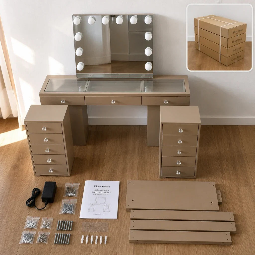 Dressing Table with Mirror and Drawers - Champagne Gold