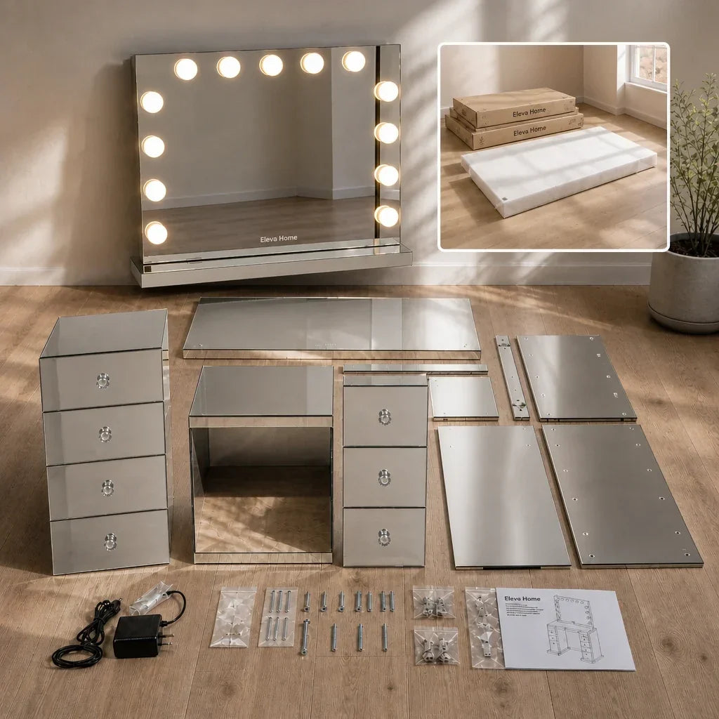 Dressing Table with Mirror and 7 Drawers - Mirrored