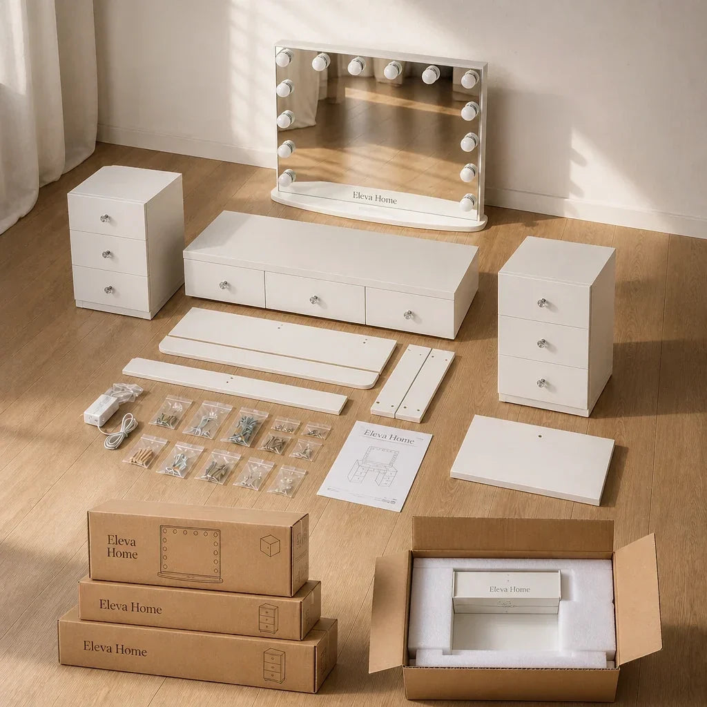 Dressing Table with Mirror and 7 Drawers - White