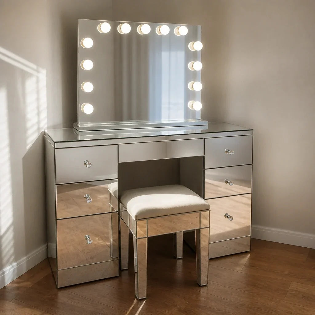 Dressing Table with Mirror and 7 Drawers - Mirrored