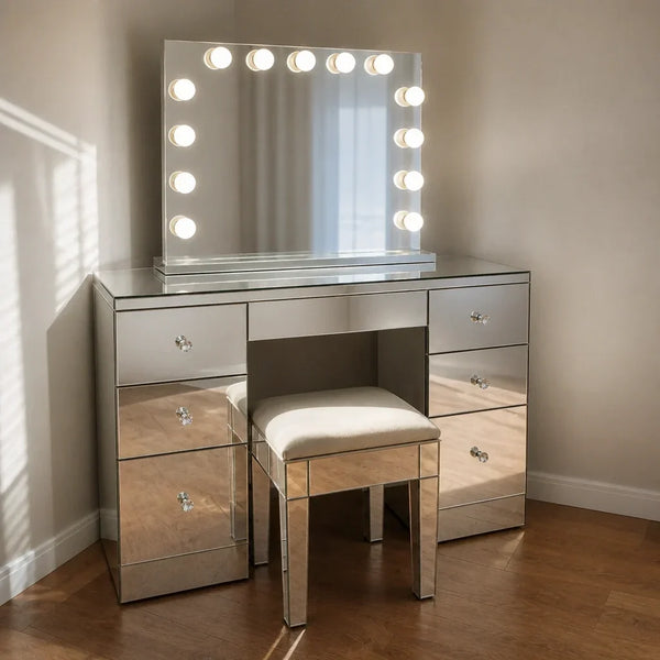 Dressing Table with Mirror and 7 Drawers - Mirrored