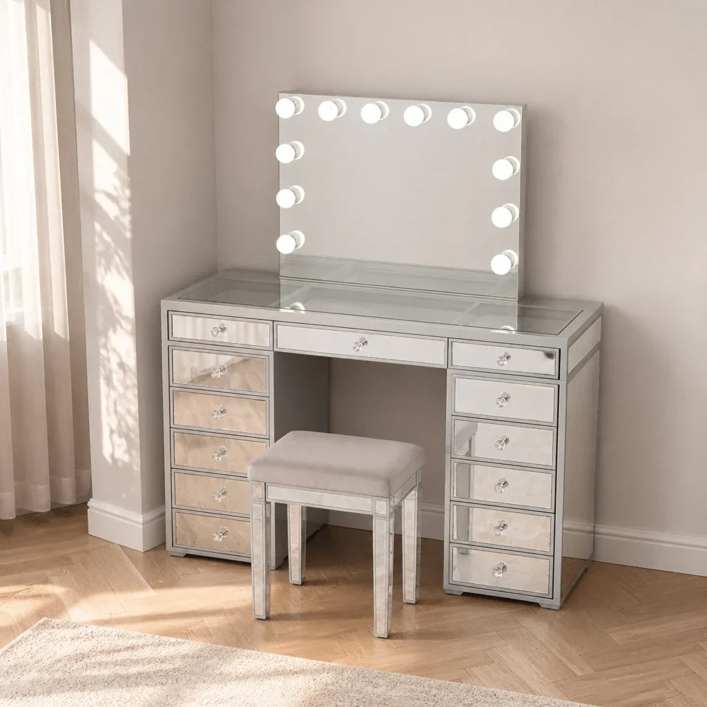 Dressing Table with Mirror and Drawers - Mirrored Finish