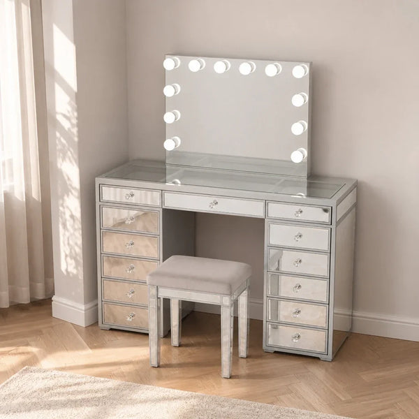 Dressing Table with Mirror and Drawers - Mirrored Finish