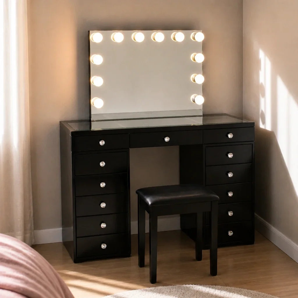 Dressing Table with Mirror and Drawers - Black