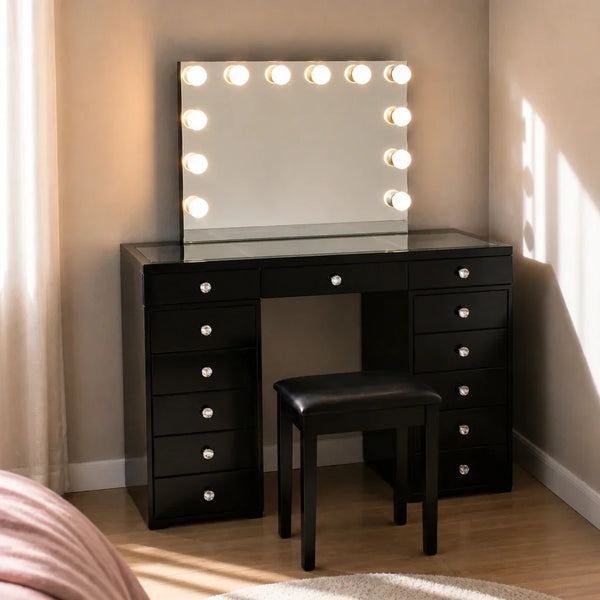 Dressing Table with Mirror and Drawers - Black