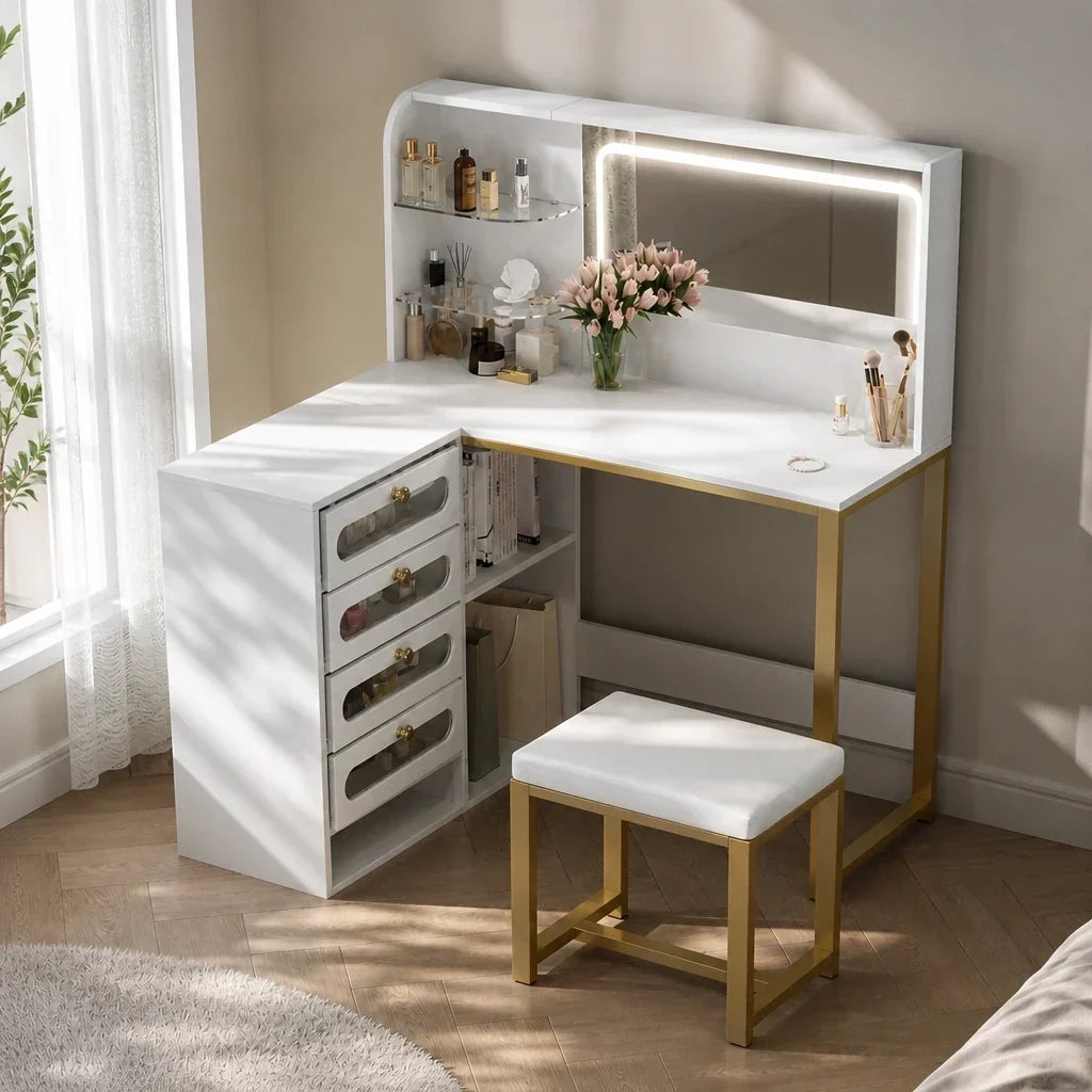 Corner Dressing Table with Mirror - Gold Legs, 5 Drawers