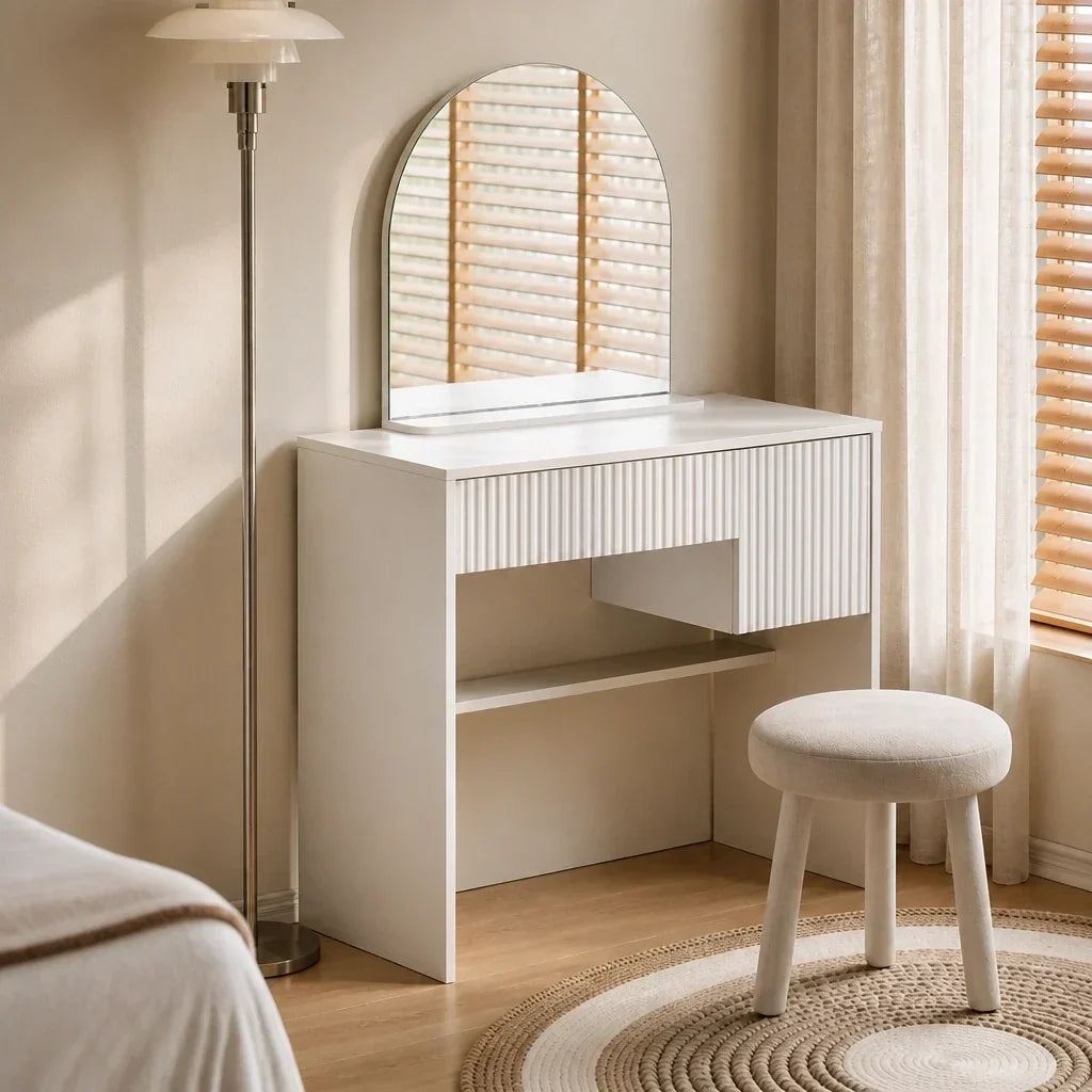 Small Dressing Table with Mirror - Cream White, 90cm