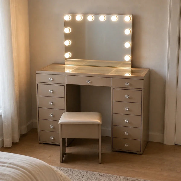 Dressing Table with Mirror and Drawers - Champagne Gold