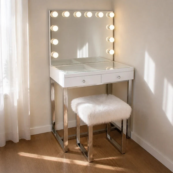 Small Dressing Table with Mirror - White, Chrome Legs