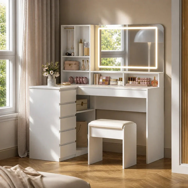 Corner Dressing Table with Mirror - White, 120 x 80cm