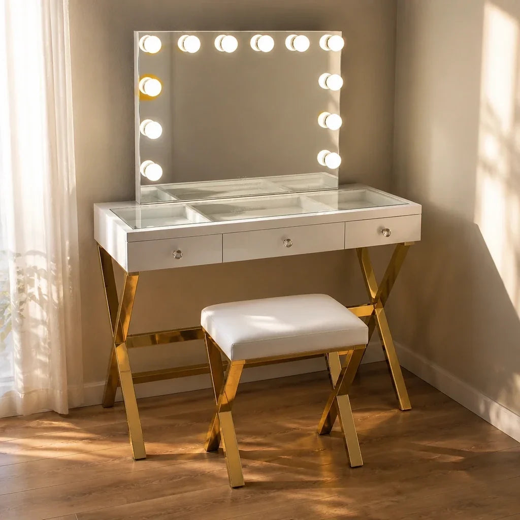 Dressing Table with Mirror - White Glass Top, Gold Legs