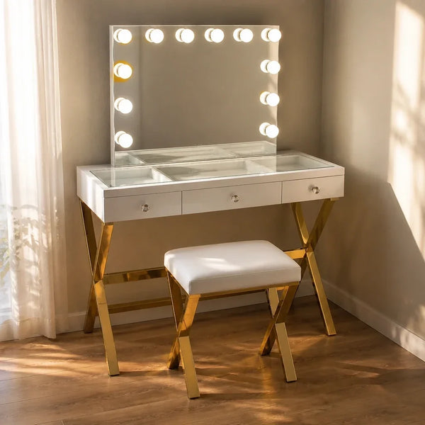 Dressing Table with Mirror - White Glass Top, Gold Legs