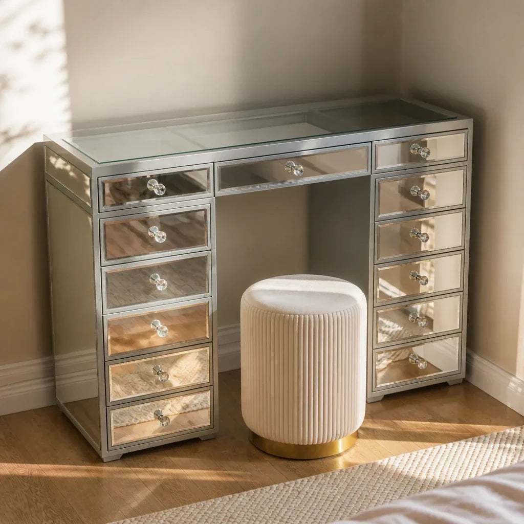 Mirrored Dressing Table with Drawers - Glass Top