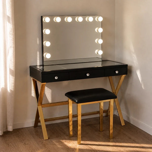 Dressing Table with Mirror - Black Glass Top, Gold Legs