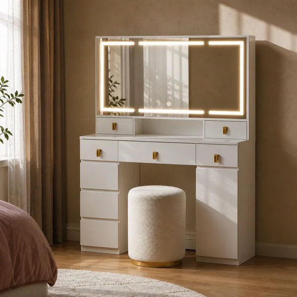 Dressing Table with Mirror and Gold Handles - White, 108cm
