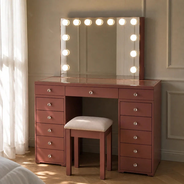 Dressing Table with Mirror and Drawers - Rose Gold