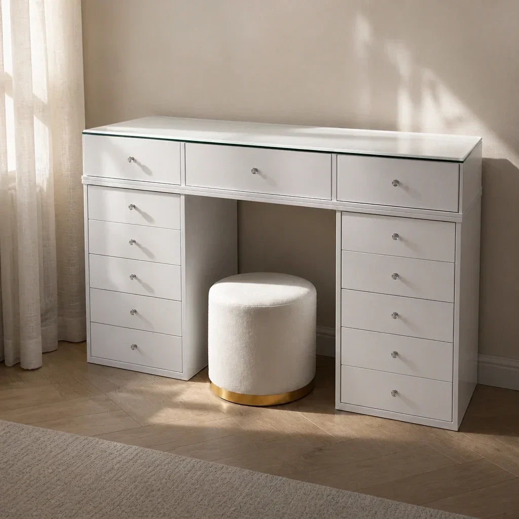 Glass Top Dressing Table with 13 Drawers - White, 150cm