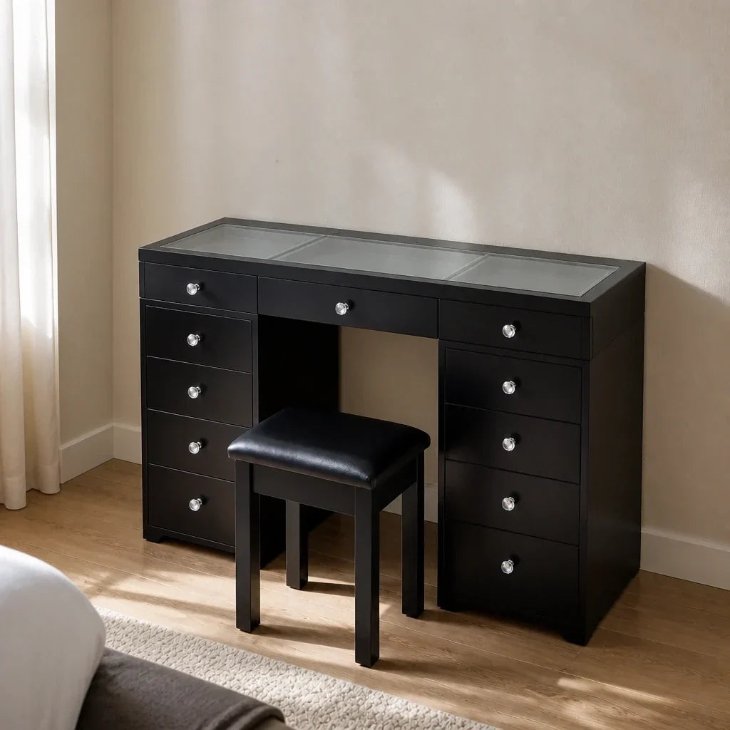 Dressing Table with Drawers - Black, Glass Top