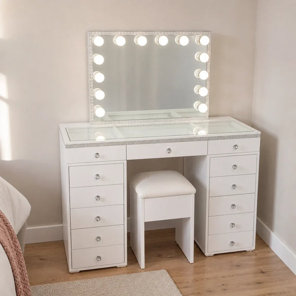 Dressing Table with Mirror and Drawers - White, Crystal