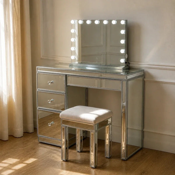 Small Dressing Table with Mirror and 3 Drawers - Mirrored
