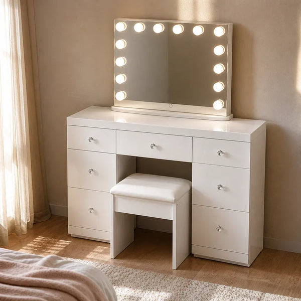 Dressing Table with Mirror and 7 Drawers - White