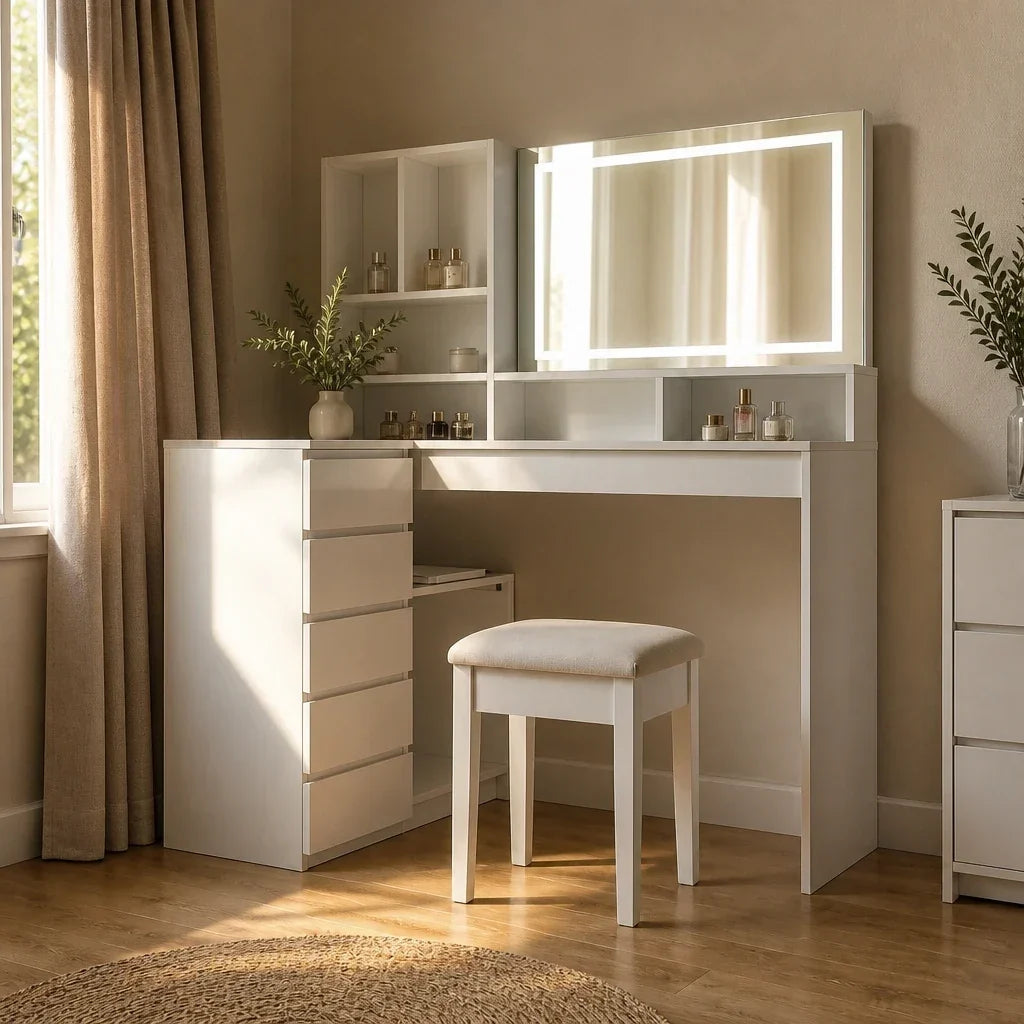 Corner Dressing Table with Mirror and Drawers - White