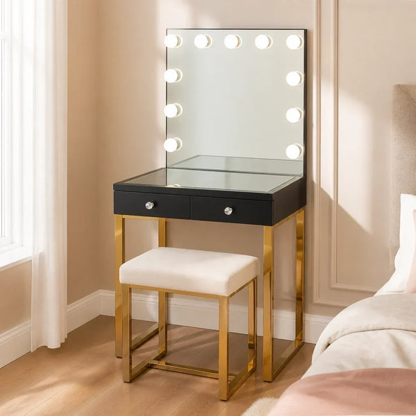Small Dressing Table with Mirror - Black, Gold Legs
