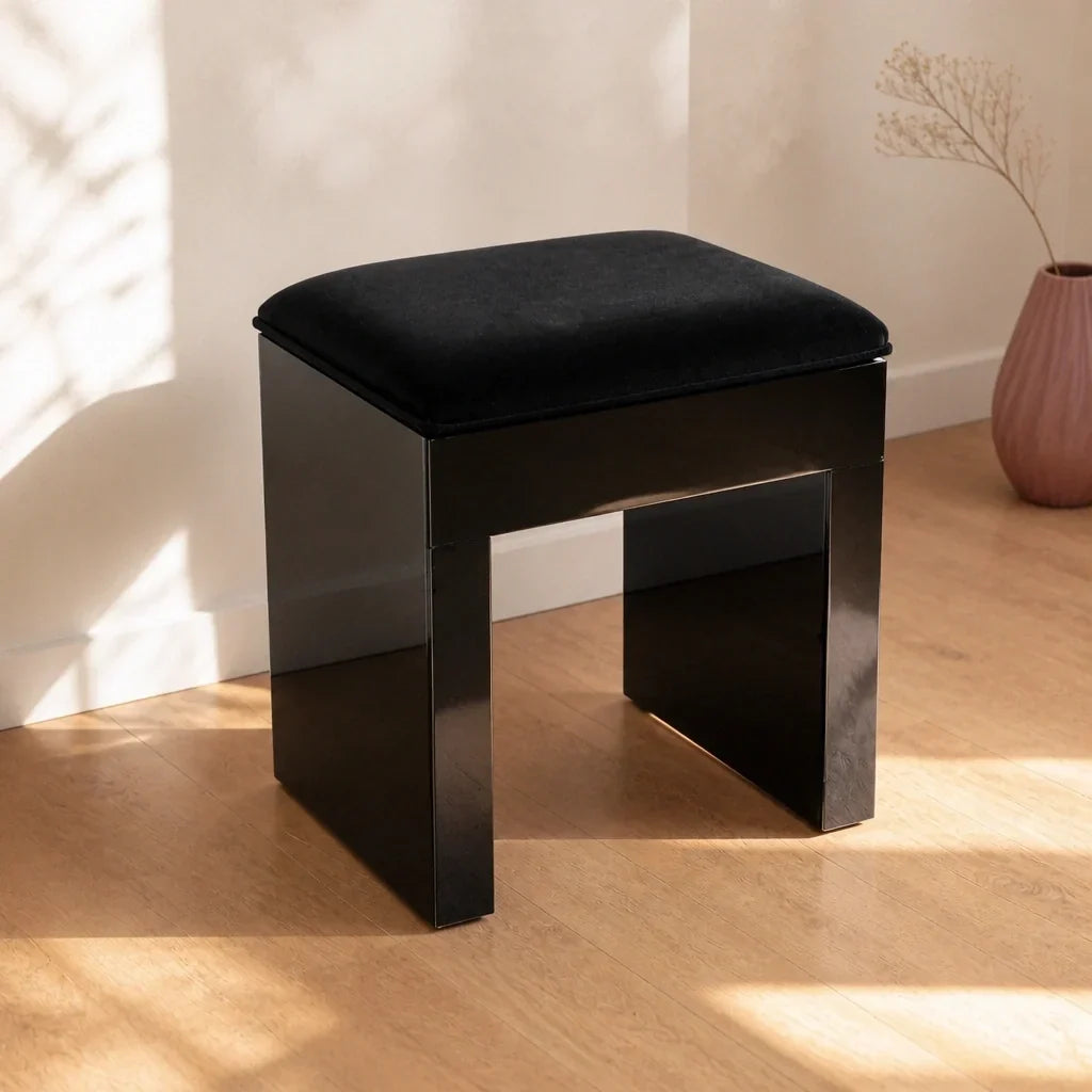Dressing Table Stool - Black Velvet, Mirrored Frame