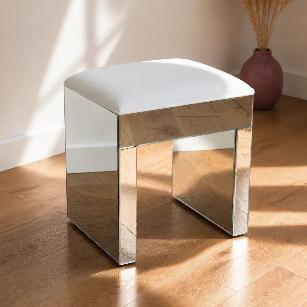 Dressing Table Stool - White Velvet, Mirrored Frame