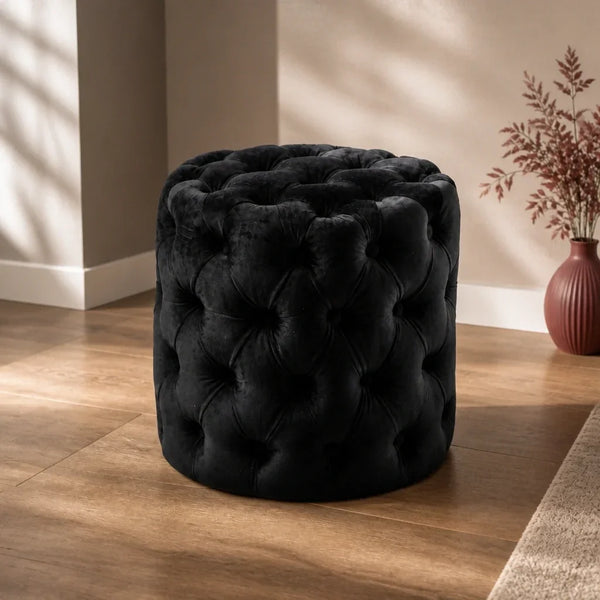 Dressing Table Stool - Black Velvet Pouffe