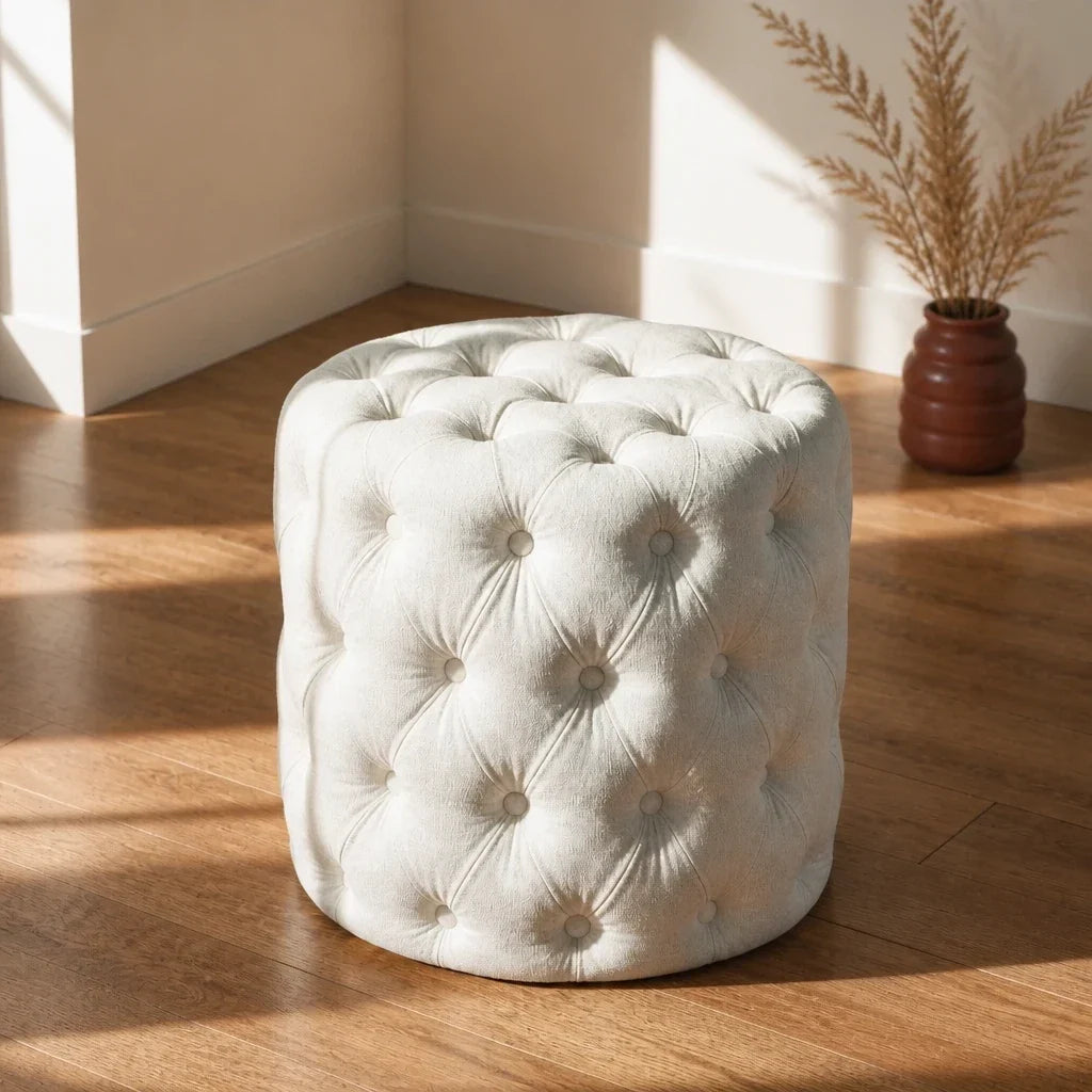 Dressing Table Stool - White Velvet Pouffe