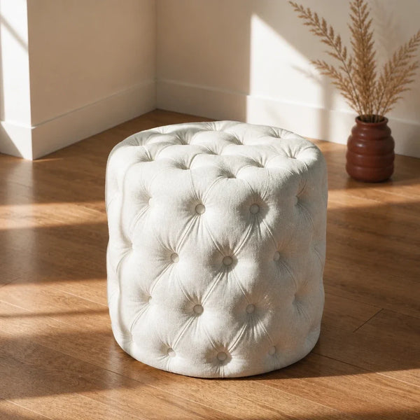 Dressing Table Stool - White Velvet Pouffe
