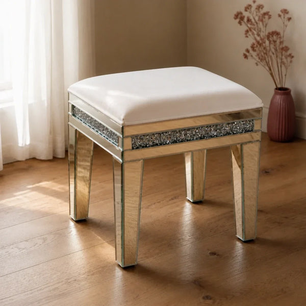 Dressing Table Stool - Crystal Mirrored, Velvet Seat