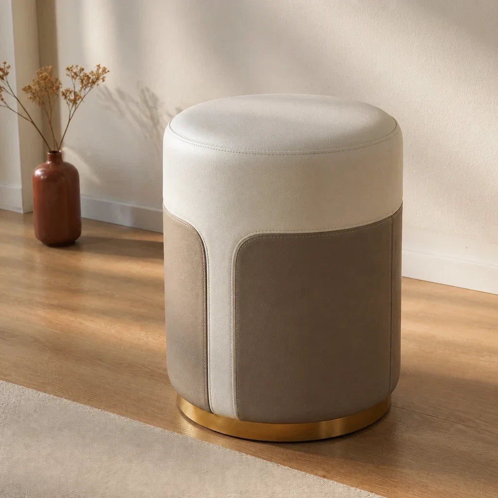 Dressing Table Stool - Cream and Taupe Faux Leather, 42cm
