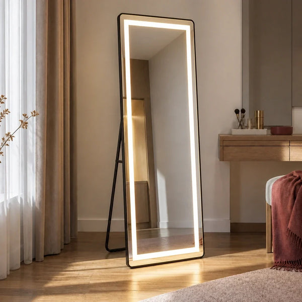 Full Length Floor Mirror with Lights - Black, 163cm