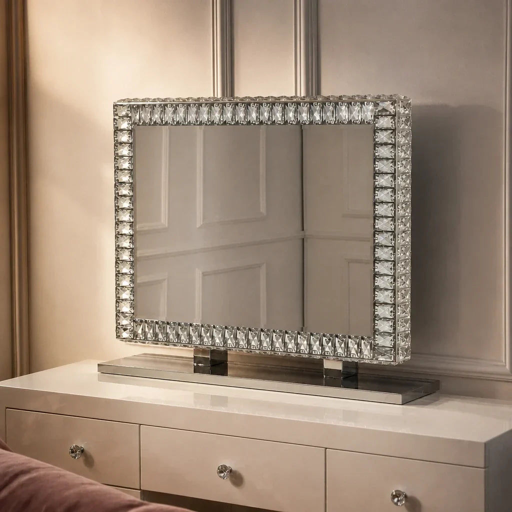 Makeup Mirror with Lights - Rectangular Crystal, Silver