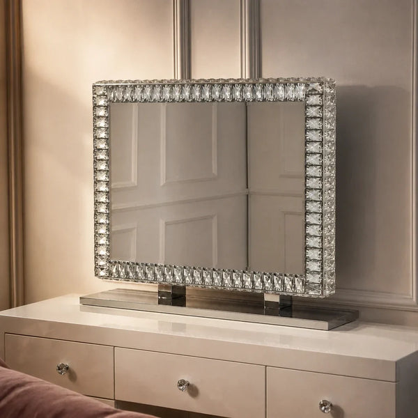 Makeup Mirror with Lights - Rectangular Crystal, Silver