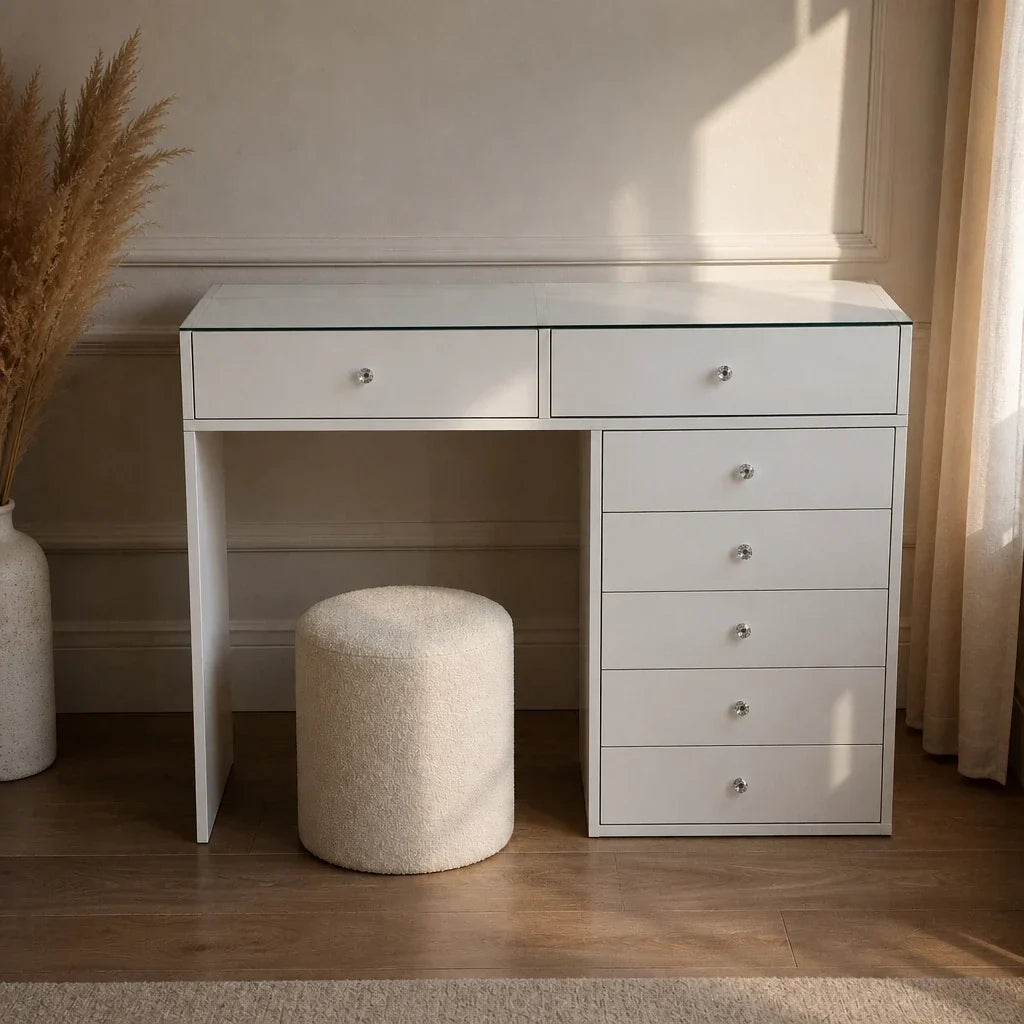 Glass Top Dressing Table with 7 Drawers - White, 120cm