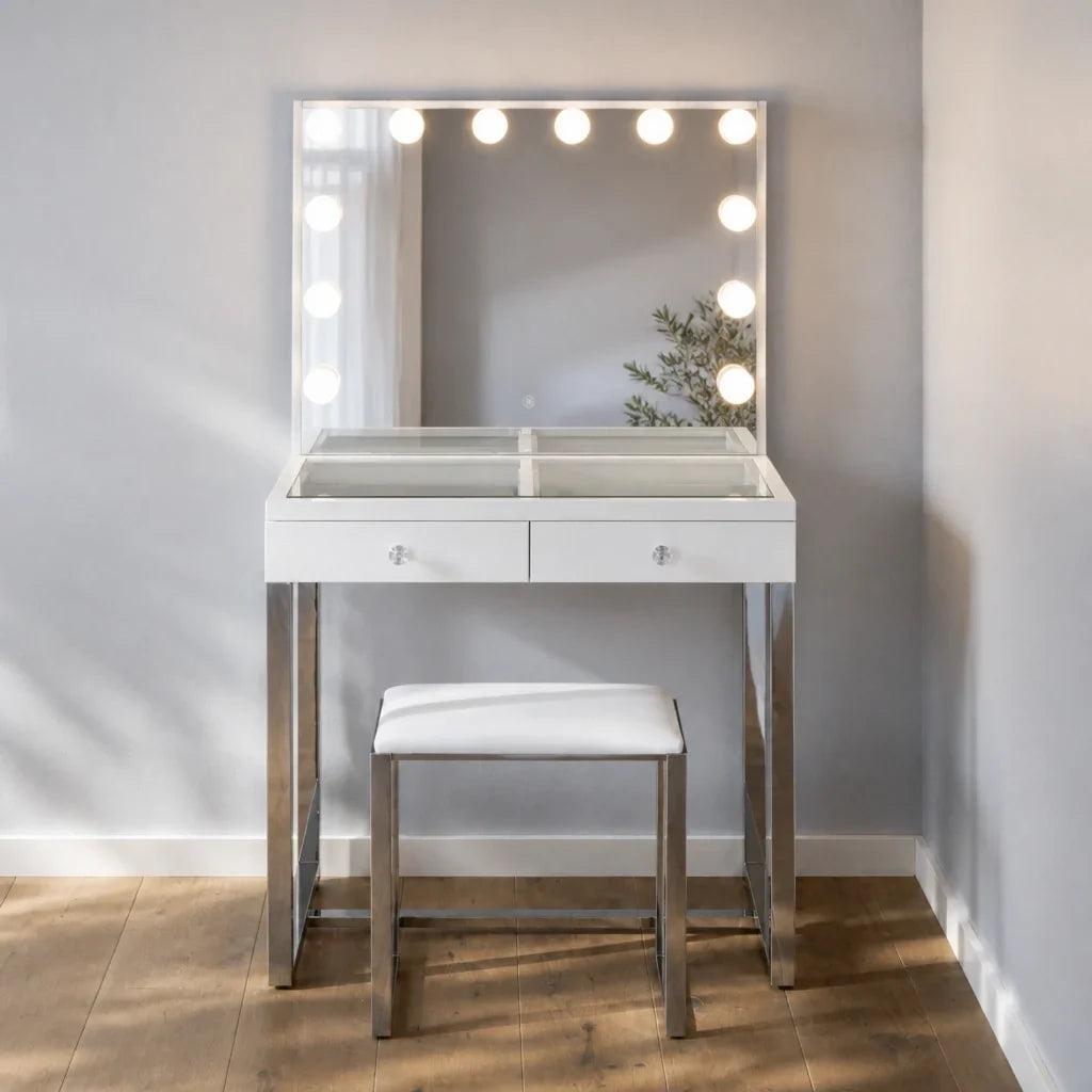 Small Dressing Table with Mirror - White, Chrome Legs
