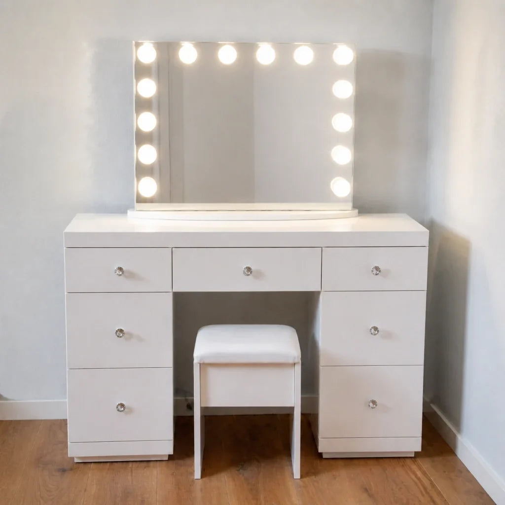 Dressing Table with Mirror and 7 Drawers - White