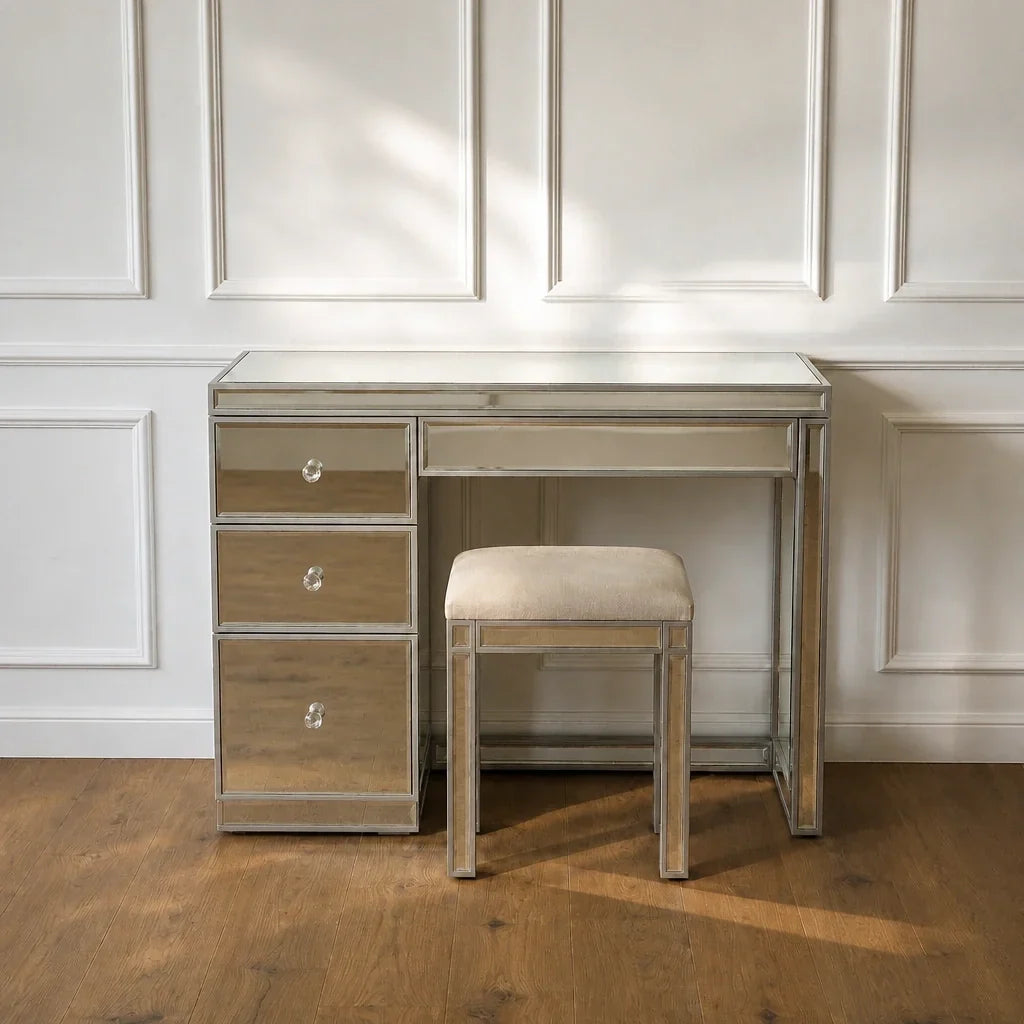 Mirrored Dressing Table with 3 Drawers - Diamond Knobs