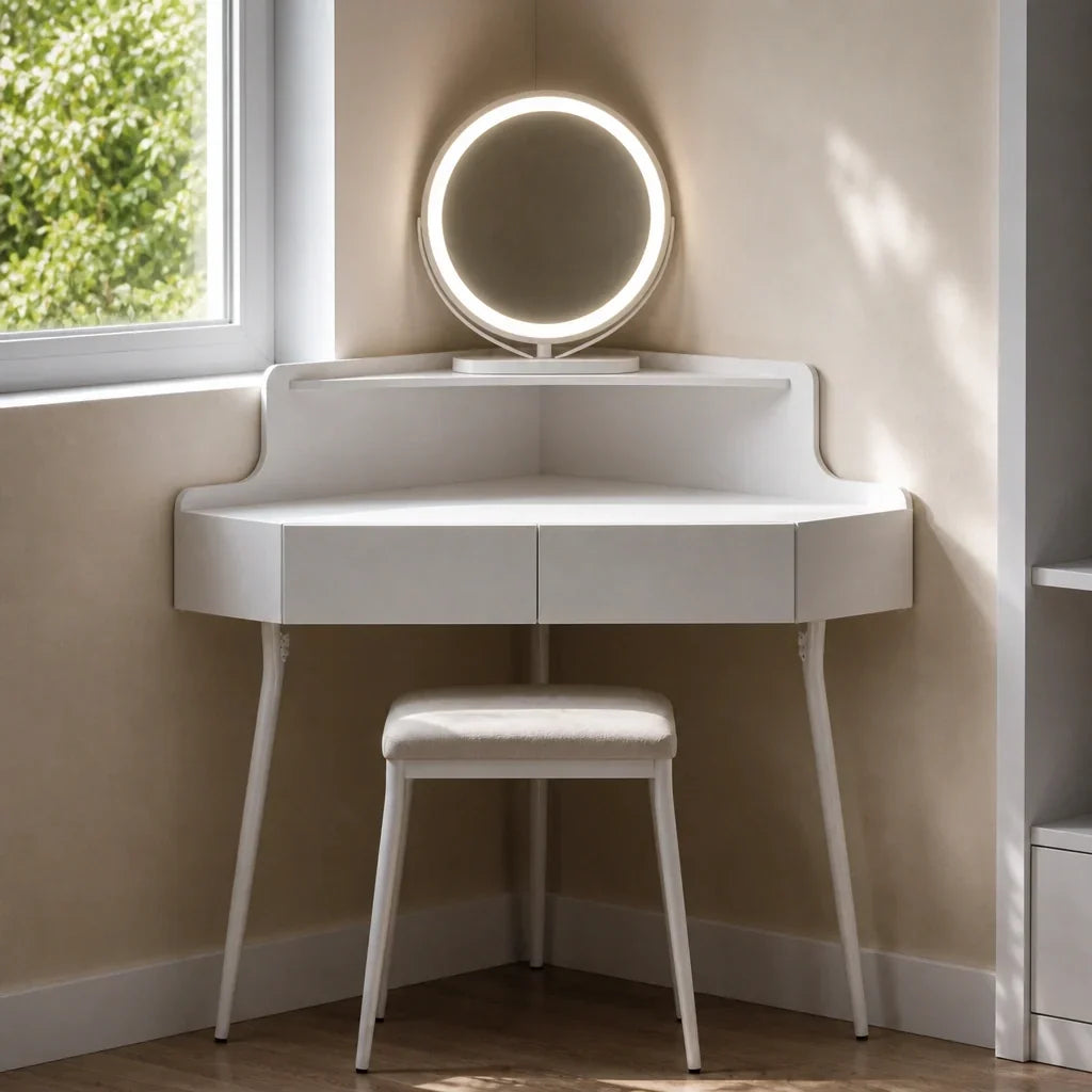 Corner Dressing Table with Mirror - White, 100cm