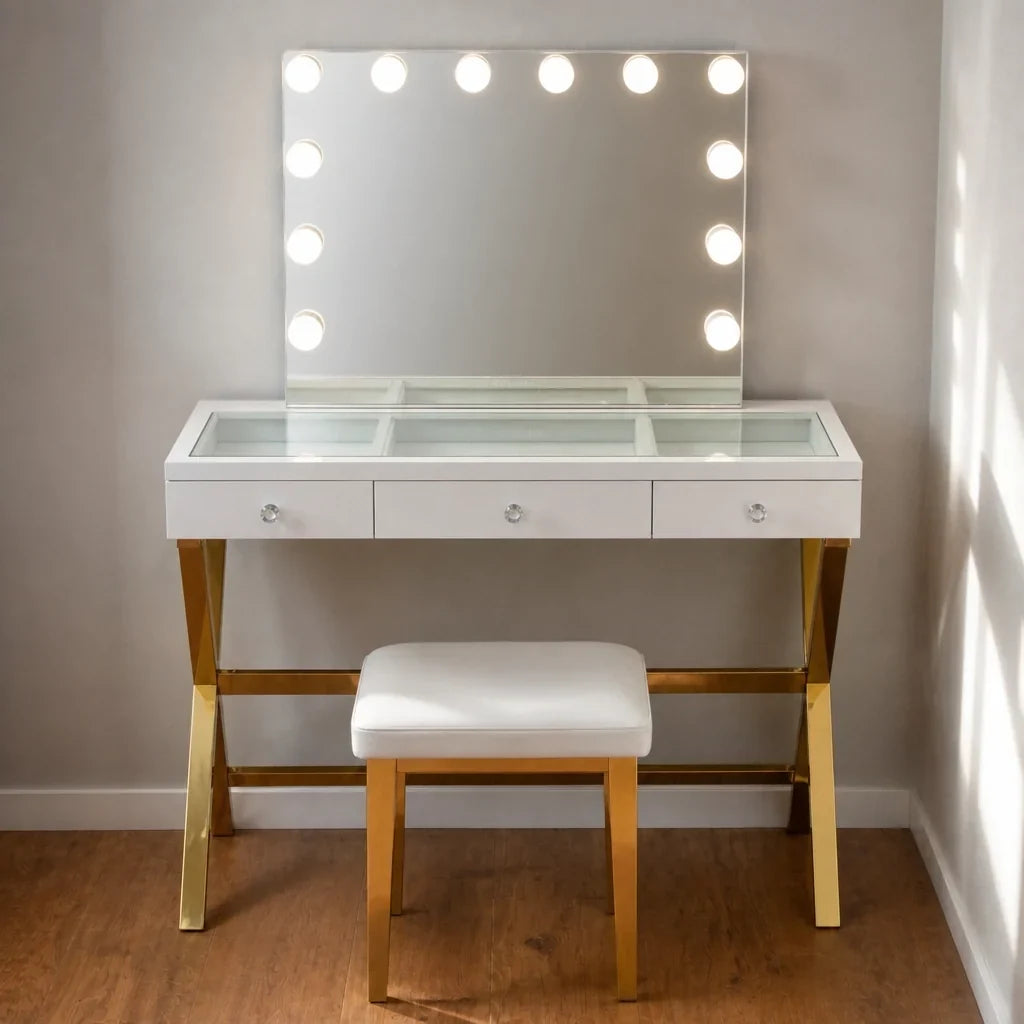 Dressing Table with Mirror - White Glass Top, Gold Legs