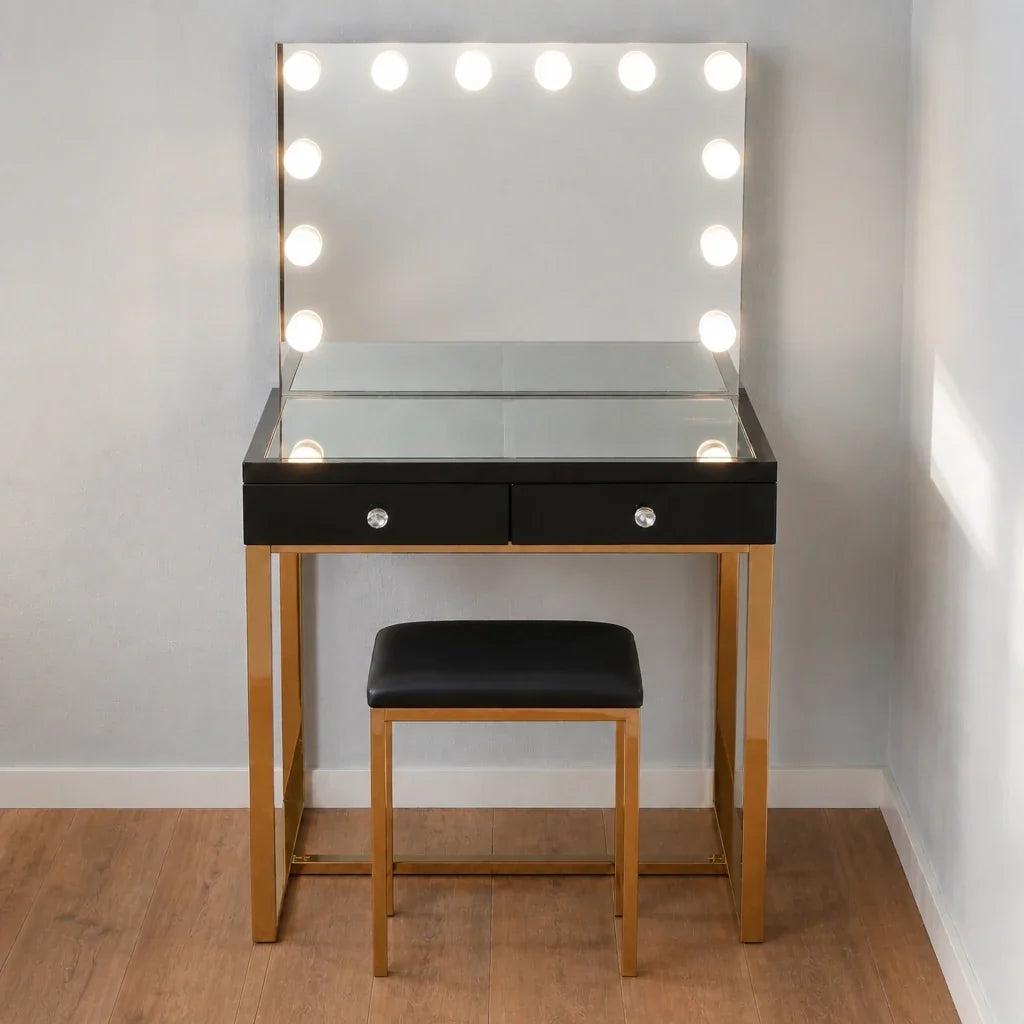 Small Dressing Table with Mirror - Black, Gold Legs